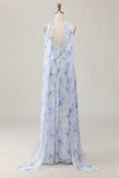 Strapless Blue Flower A-Line Vestido de Noiva Estampado com Fenda
