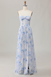 Strapless Blue Flower A-Line Vestido de Noiva Estampado com Fenda