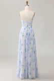 Strapless Blue Flower A-Line Vestido de Noiva Estampado com Fenda