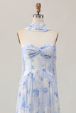 Strapless Blue Flower A-Line Vestido de Noiva Estampado com Fenda