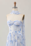 Strapless Blue Flower A-Line Vestido de Noiva Estampado com Fenda