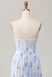 Strapless Blue Flower A-Line Vestido de Noiva Estampado com Fenda