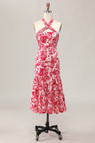 Sereia Halter Estampado Flor Vermelha Midi Vestido de Noiva Convidado