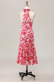 Sereia Halter Estampado Flor Vermelha Midi Vestido de Noiva Convidado