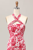 Sereia Halter Estampado Flor Vermelha Midi Vestido de Noiva Convidado