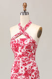Sereia Halter Estampado Flor Vermelha Midi Vestido de Noiva Convidado