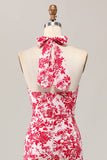 Sereia Halter Estampado Flor Vermelha Midi Vestido de Noiva Convidado