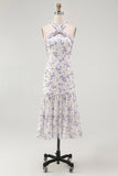 Halter floral azul uma linha babado midi vestido de dama de honra