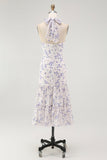 Halter floral azul uma linha babado midi vestido de dama de honra