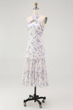 Halter floral azul uma linha babado midi vestido de dama de honra