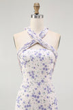 Halter floral azul uma linha babado midi vestido de dama de honra