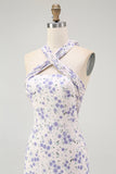 Halter floral azul uma linha babado midi vestido de dama de honra