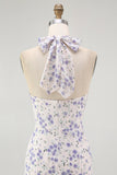 Halter floral azul uma linha babado midi vestido de dama de honra