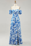 Fora do ombro azul floral estampado vestido de noiva convidado com fenda