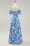 Fora do ombro azul floral estampado vestido de noiva convidado com fenda