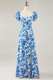 Fora do ombro azul floral estampado vestido de noiva convidado com fenda