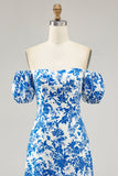 Fora do ombro azul floral estampado vestido de noiva convidado com fenda