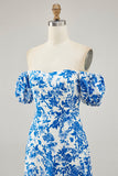 Fora do ombro azul floral estampado vestido de noiva convidado com fenda