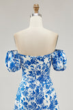 Fora do ombro azul floral estampado vestido de noiva convidado com fenda