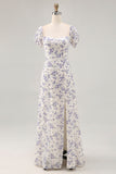 Uma linha impressa flor azul longo vestido de casamento convidado com fenda