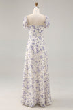 Uma linha impressa flor azul longo vestido de casamento convidado com fenda