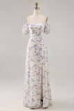 Uma linha impressa flor azul longo vestido de casamento convidado com fenda