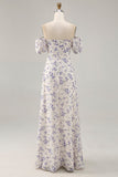 Uma linha impressa flor azul longo vestido de casamento convidado com fenda