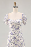 Uma linha impressa flor azul longo vestido de casamento convidado com fenda