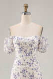 Uma linha impressa flor azul longo vestido de casamento convidado com fenda