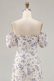 Uma linha impressa flor azul longo vestido de casamento convidado com fenda