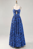 Floral A Line Blue Spaghetti Correias Cut out Vestido de Noiva Convidado