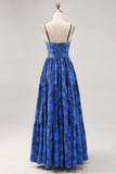 Floral A Line Blue Spaghetti Correias Cut out Vestido de Noiva Convidado