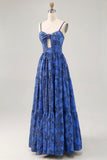 Floral A Line Blue Spaghetti Correias Cut out Vestido de Noiva Convidado