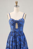 Floral A Line Blue Spaghetti Correias Cut out Vestido de Noiva Convidado