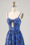 Floral A Line Blue Spaghetti Correias Cut out Vestido de Noiva Convidado