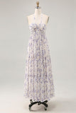 Floral Ruched A Line Blue Halter Long Wedding Guest Dress