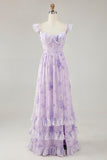 Flor de lavanda estampada babado uma linha vestido de dama de honra com fenda