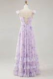 Flor de lavanda estampada babado uma linha vestido de dama de honra com fenda
