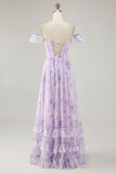 Flor de lavanda estampada babado uma linha vestido de dama de honra com fenda