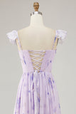 Flor de lavanda estampada babado uma linha vestido de dama de honra com fenda