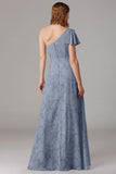 Vestidos Para Casamento Convidada com Fenda Azul Cinzento Longo Um Ombro