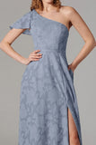 Vestidos Para Casamento Convidada com Fenda Azul Cinzento Longo Um Ombro