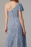 Vestidos Para Casamento Convidada com Fenda Azul Cinzento Longo Um Ombro