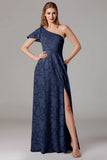 Vestidos Para Casamento Convidada com Fenda Azul Cinzento Longo Um Ombro