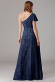 Vestidos Para Casamento Convidada com Fenda Azul Cinzento Longo Um Ombro