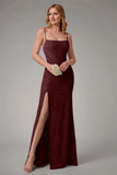 Dusty Blue Sheath Espaghetti Correias Vestido Madrinha com Fenda