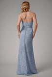 Dusty Blue Sheath Espaghetti Correias Vestido Madrinha com Fenda