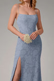 Dusty Blue Sheath Espaghetti Correias Vestido Madrinha com Fenda