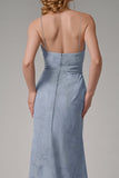 Dusty Blue Sheath Espaghetti Correias Vestido Madrinha com Fenda