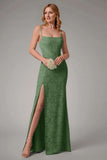 Dusty Blue Sheath Espaghetti Correias Vestido Madrinha com Fenda